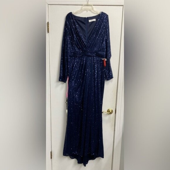 Mac Duggal 26490 Size 14 Midnight Blue Sequined Long Sleeve V-Neck Gown NWT - Picture 1 of 16